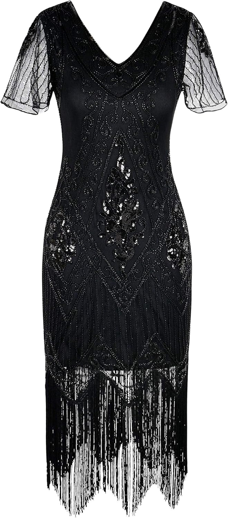 Women'S 1920S Dress Sequin Art Deco Flapper Dress with Sleeve