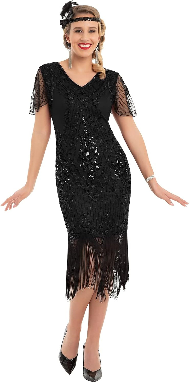 Women'S 1920S Dress Sequin Art Deco Flapper Dress with Sleeve