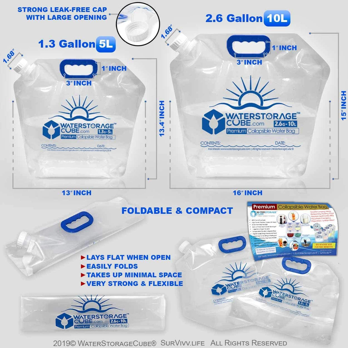 Premium Collapsible Water Container Bags 1.3 Gal (2-Pack)